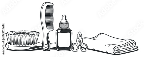 A collection of grooming tools including a comb, scissors, a dropper bottle, a brush, and a towel in black and white outline style, ideal for beauty and hair care services