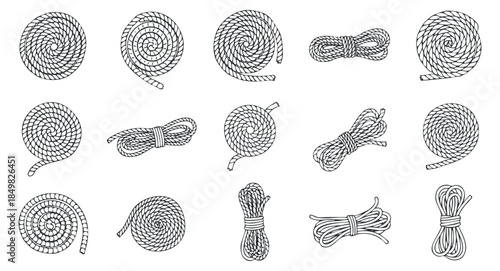 A collection of various rope and string illustrations in black and white outline vector style, ideal for design and craft projects