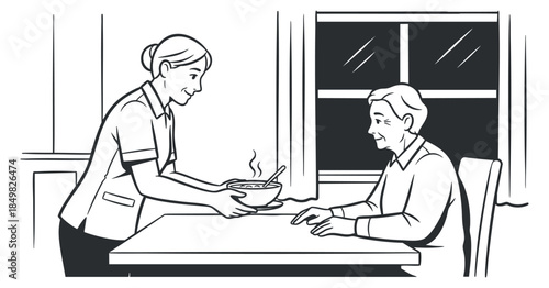 A caregiver serving a meal to an elderly man in a black and white outline vector style, ideal for healthcare and support themes