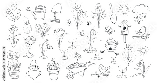 A collection of hand-drawn gardening elements including flowers, birds, tools, and a gnome in black and white outline style, ideal for spring-themed designs