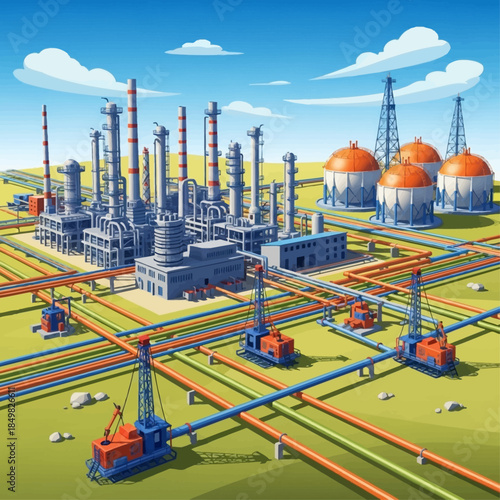 Vibrant cartoon illustration of an extensive oil refinery and industrial complex with multiple drilling rigs and a vast network of colorful pipelines across a green landscape.