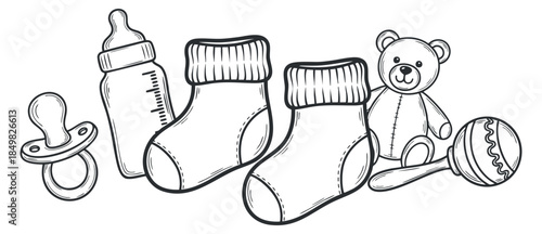A collection of baby items including socks, a bottle, a pacifier, a teddy bear, and a rattle in black and white vector style, perfect for nursery decor and baby shower invitations