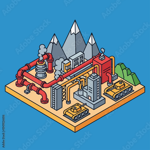 Isometric illustration of an industrial complex with factories, pipes, smoke, mountains, and military tanks.