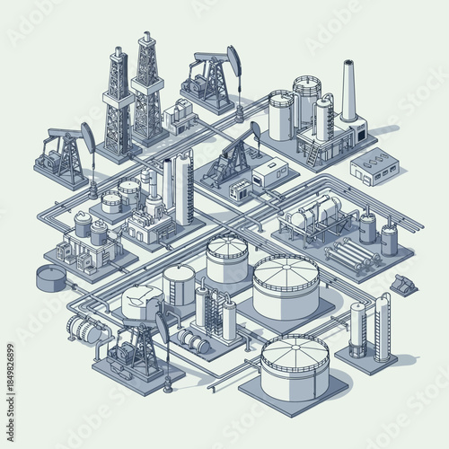 Isometric illustration of an oil and gas industry complex with rigs, pumpjacks, tanks, and pipelines.