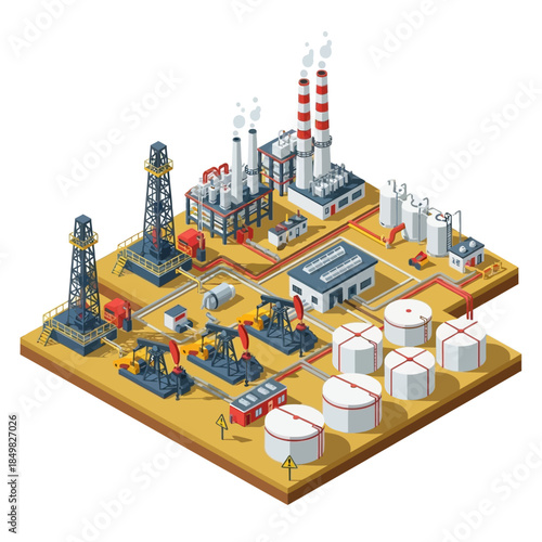 Detailed isometric illustration of an oil refinery and production facility with derricks, storage tanks, and industrial buildings.