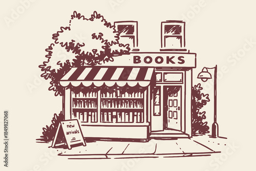 Bookstore Storefront Minimal Sketch Line Art Vector Illustration