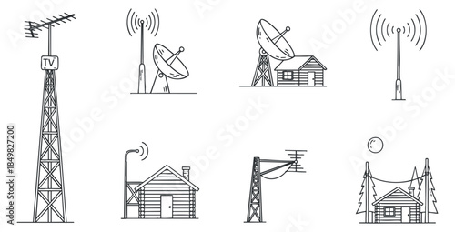 A collection of communication towers, satellite dishes, and houses in minimalist outline vector style, perfect for technology and media projects