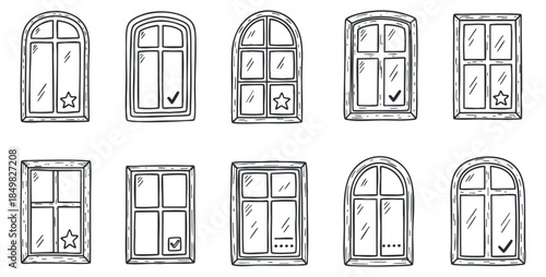 A collection of hand-drawn window designs in outline style, featuring various shapes and sizes, ideal for architectural illustrations and decor projects