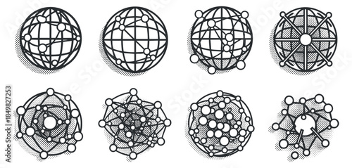 A collection of interconnected circle designs in black and white geometric vector style, suitable for technology and network-themed projects