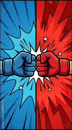 Pop art versus illustration of two powerful fighters with dynamic comic burst background. Strength rivalry concept for competition posters, sports marketing and bold action design. Vertical bg