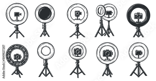 A collection of various ring lights with cameras on tripods in black and white outline vector style, suitable for photography and video production projects
