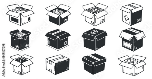 A collection of various cardboard boxes in black and white outline vector style, ideal for logistics and packaging design
