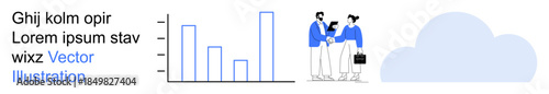 Business growth, teamwork, cloud technology, data sharing, corporate planning, innovation. Bar chart, two professionals discussing and a cloud icon. Business growth and teamwork concept
