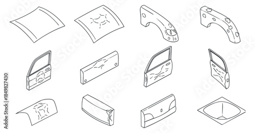 A collection of car body parts and panels in clean outline vector style, suitable for automotive design and engineering projects