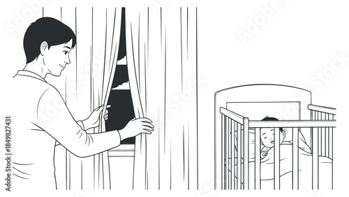 A parent gently drawing curtains in a child's bedroom, minimalist black and white vector style, perfect for family-themed designs