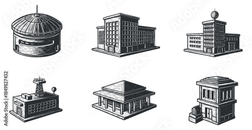 A collection of detailed architectural building illustrations in black and white outline vector style, suitable for urban design projects