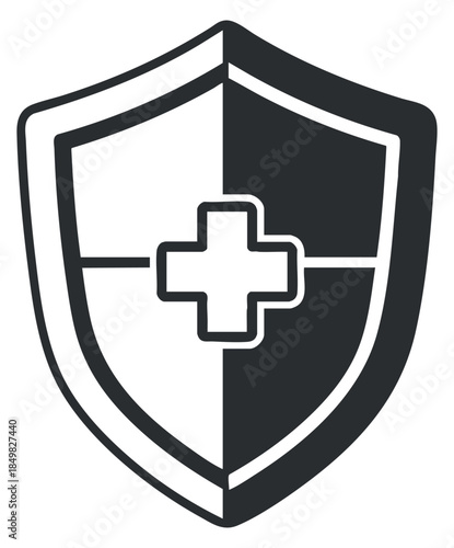 A shield emblem with a medical cross in black and white outline vector style, suitable for healthcare branding and insurance logos