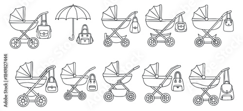 A collection of baby strollers with various accessories including bags and an umbrella in black and white outline vector style, perfect for parenting and baby gear designs