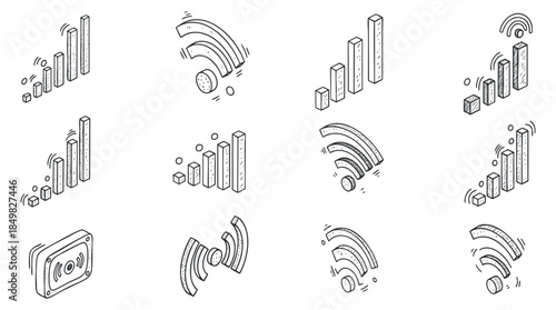 A collection of signal wave icons in minimalist outline vector style, ideal for technology and communication design projects
