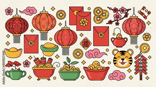 Chinese New Year Celebration Icons and Symbols.
