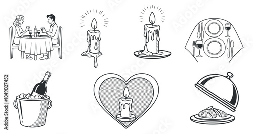 A collection of romantic dinner icons including a couple at a table, candles, wine bottle, and plated meal in outline vector style, perfect for love-themed events and restaurant branding