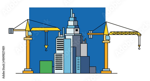 Construction site with cranes and buildings vector illustration on blue background depicts city