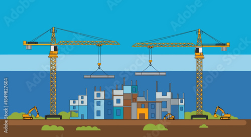 Construction site with cranes and building under construction perfect for city development