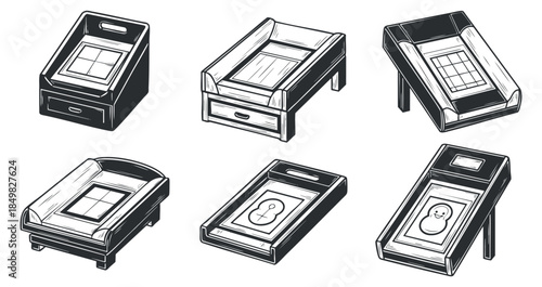 A set of six various table designs in black and white vector style, ideal for interior design projects
