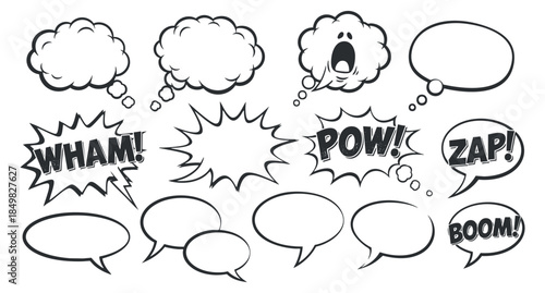 A collection of comic book sound effects including Wham, Pow, Zap, and Boom in black and white vector style, perfect for graphic design projects