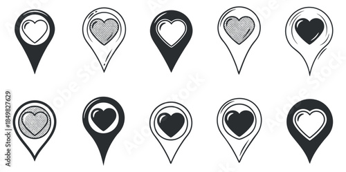 A collection of heart-shaped location pins in black and white minimalist vector style, suitable for love-themed apps and websites