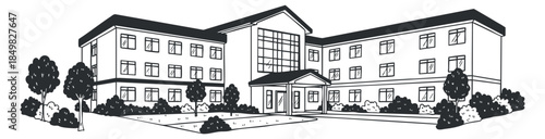 A detailed illustration of a modern building with trees and landscaping in black and white outline style, suitable for architectural design projects