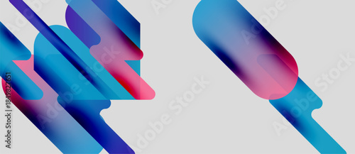 Abstract shapes overlap, creating vibrant gradients. Blues, pinks blend seamlessly against light background. Modern design elements suggest movement, energy.