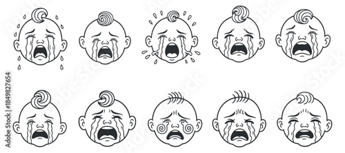 A collection of crying baby faces in outline vector style, suitable for children's products and emotional expression themes