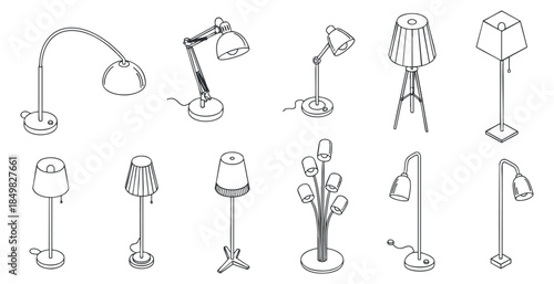 A collection of various lamp designs including floor and table lamps in minimalist outline vector style, ideal for home decor and interior design projects