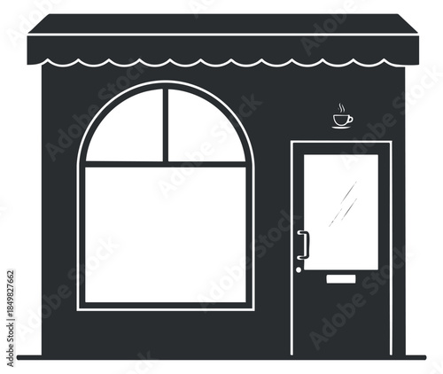 A minimalist black and white illustration of a shopfront featuring a large window and door with a coffee cup symbol, suitable for cafe branding.