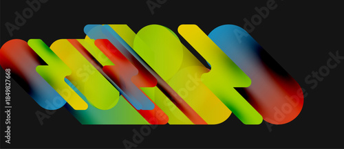 Colorful, overlapping ribbons form abstract text. Bright hues create dynamic visual impact against dark background. Modern design.