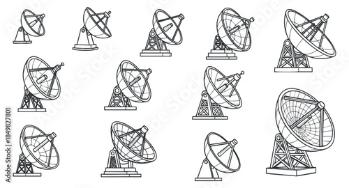 A collection of satellite dishes and antennas in clean black and white outline vector style, suitable for technology and communication designs