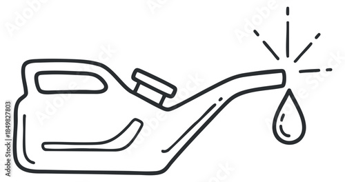 An oil can with a drop of oil dripping from the spout in minimalist black and white vector style, ideal for automotive and repair illustrations