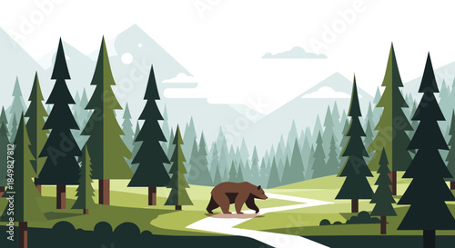 Minimalist vector illustration of a bear in a forest with mountains landscape, suitable for nature