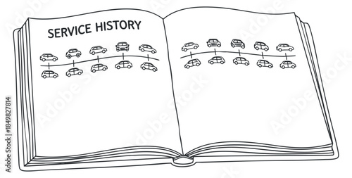 A service history book with illustrations of cars in a black and white outline vector style, ideal for automotive documentation