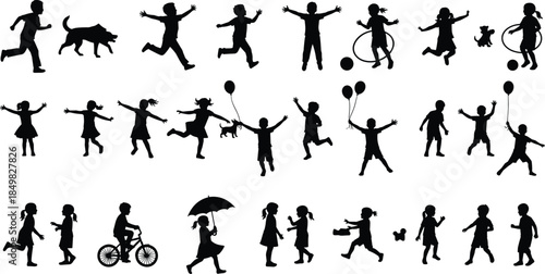 Set of happy children silhouettes playing running jumping cycling and having fun with pets and balloons for childhood lifestyle and education design
