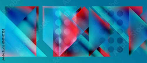 Abstract geometric composition. Vivid blues, reds create dynamic visual effect. Shapes overlap, forming complex pattern. Modern design.