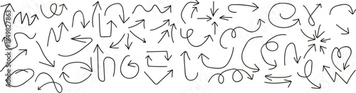 A collection of hand-drawn doodle arrows with various directions and shapes