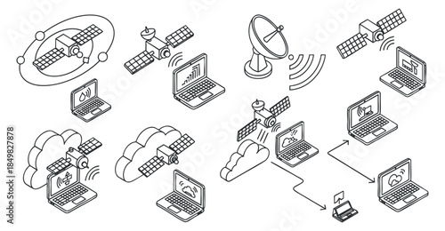 A set of cloud computing and satellite communication icons in minimalist line art vector style, suitable for technology and digital projects