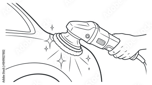 A hand holding a polishing tool while buffing a car surface in minimalist black and white vector style, ideal for automotive services and detailing projects