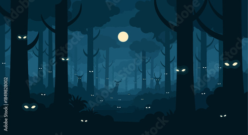 Spooky forest with glowing eyes and deer under a full moon in the night time