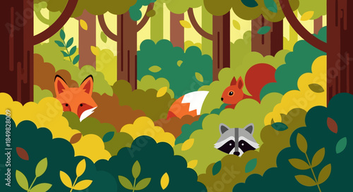Vector illustration of a forest scene with a fox squirrel and raccoon amidst trees and foliage
