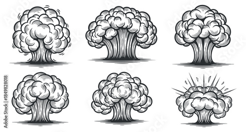 A collection of explosion cloud illustrations in black and white outline vector style, ideal for graphic design projects