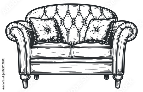 A vintage-style tufted sofa with decorative pillows in detailed black and white outline vector illustration, perfect for interior design projects