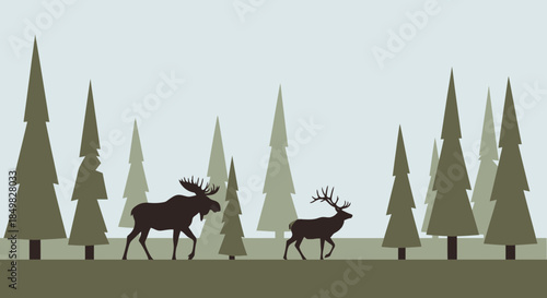 Stylized illustration showcasing a moose and deer amidst a dense evergreen forest landscape during
